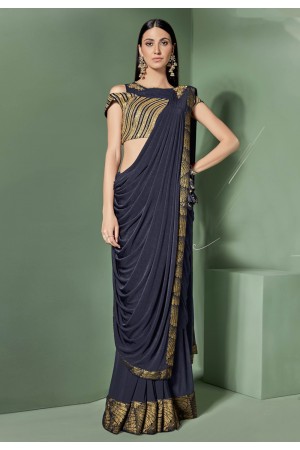 Navy blue lycra cold shoulder party wear saree  5307